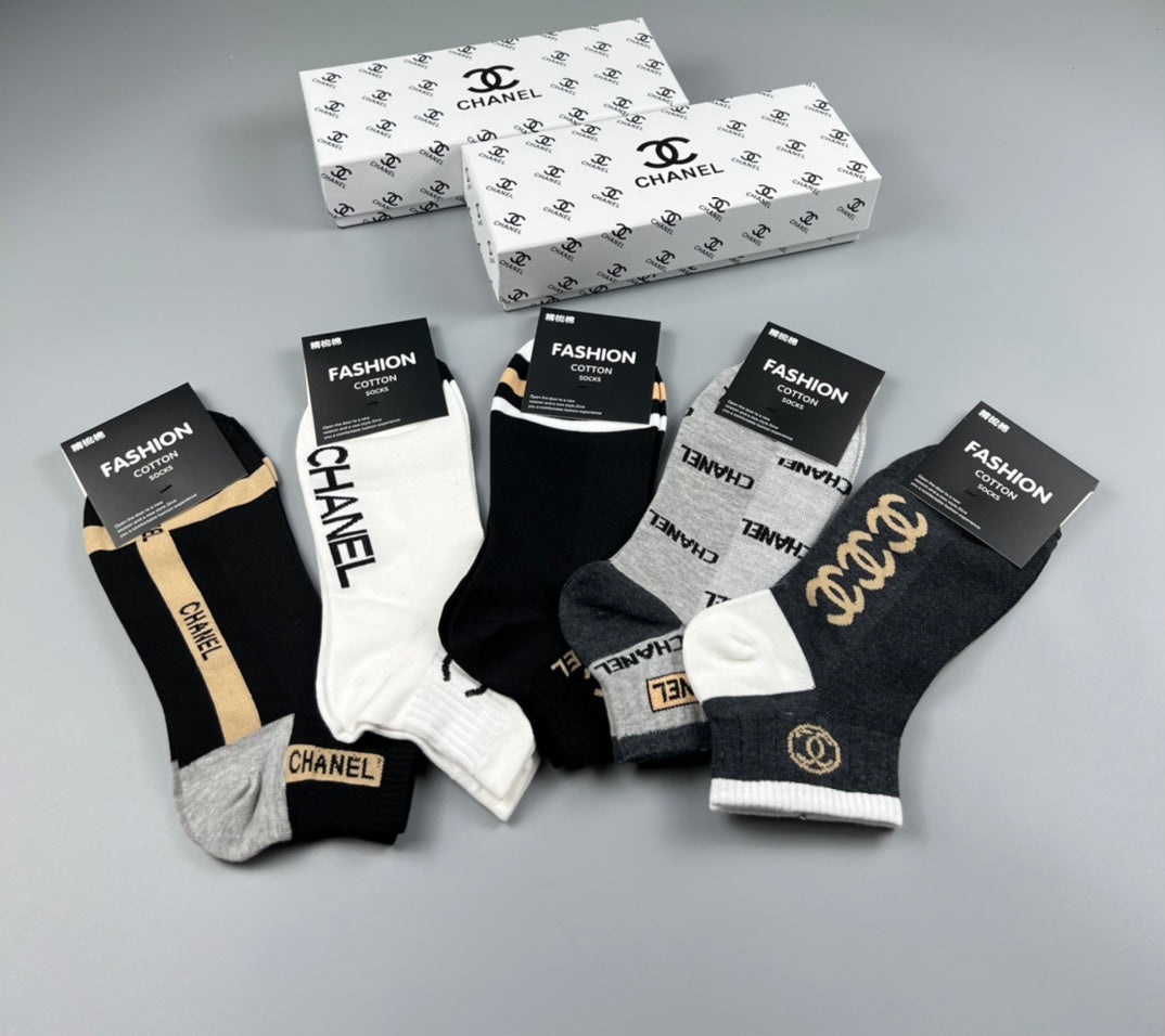 Chanel Black White Gold Letter Side Panels Crew Socks, image 3