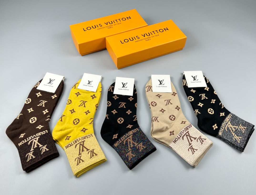 Louis Vuitton Bright Yellow Neutral Flower Pattern Crew Socks, image 1