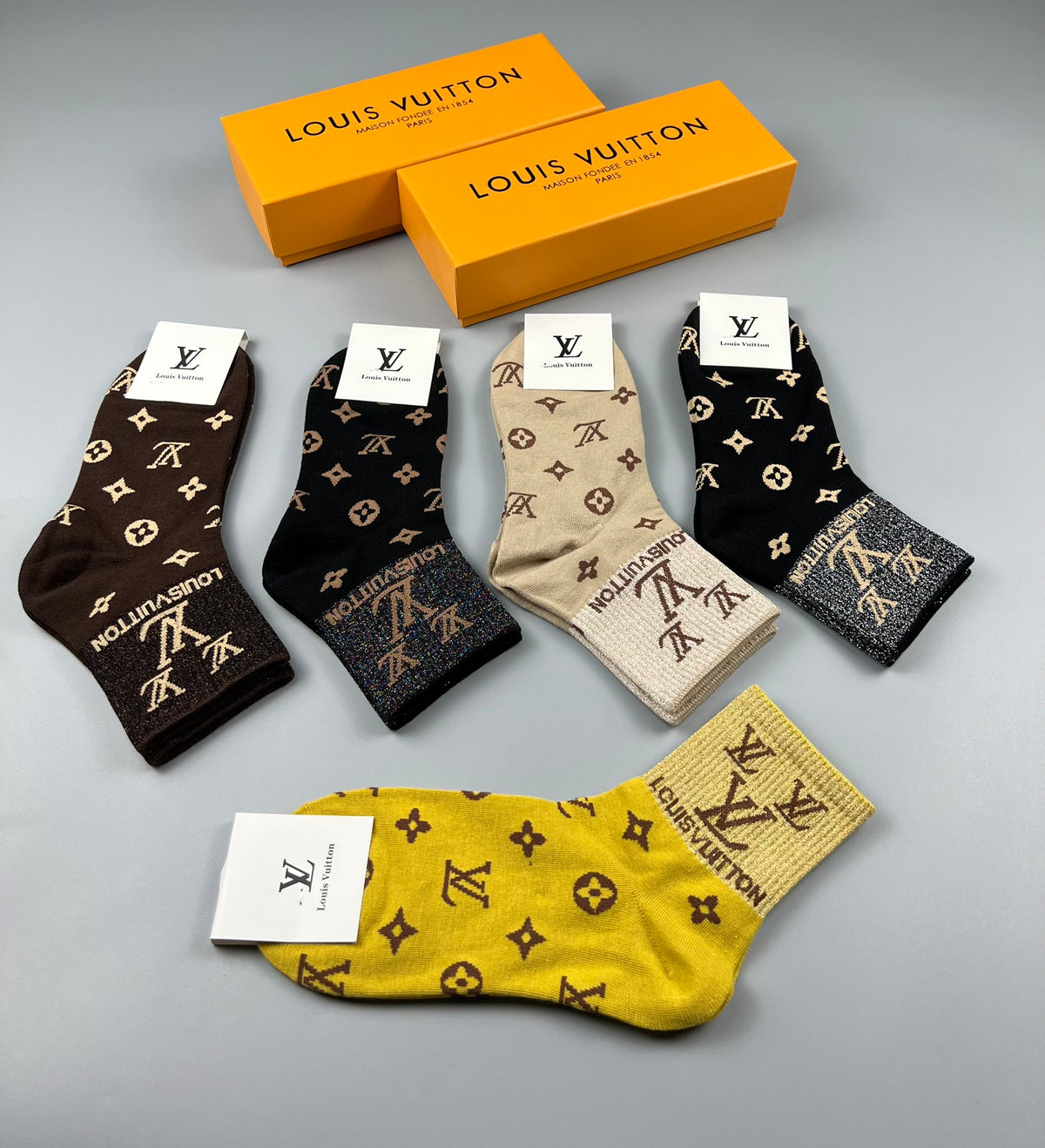 Louis Vuitton Bright Yellow Neutral Flower Pattern Crew Socks, image 4