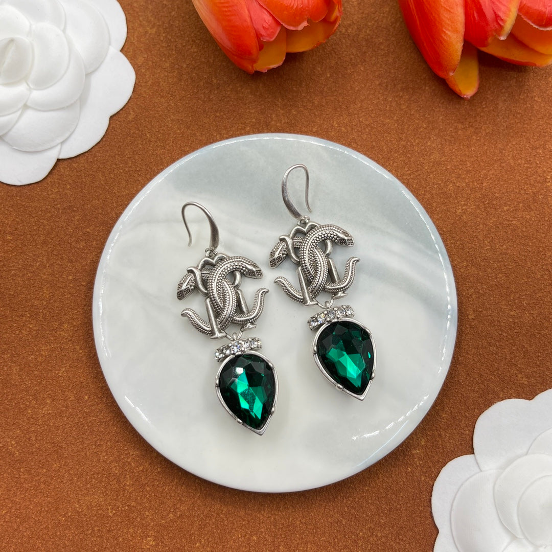 Alexander McQueen Insect Teardrop Crystal earrings in Silver & Green, main view