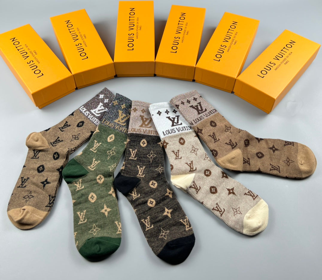 Louis Vuitton Earthy Allover Letter Flower Pattern Crew Socks, image 3