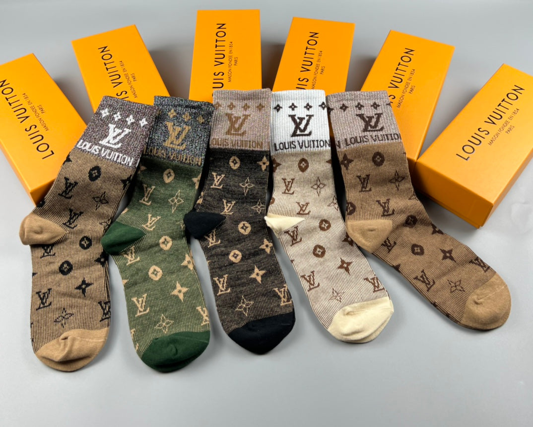 Louis Vuitton Earthy Allover Letter Flower Pattern Crew Socks, image 4