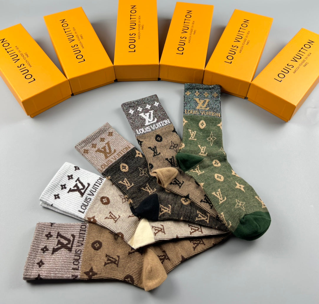 Louis Vuitton Earthy Allover Letter Flower Pattern Crew Socks, image 8