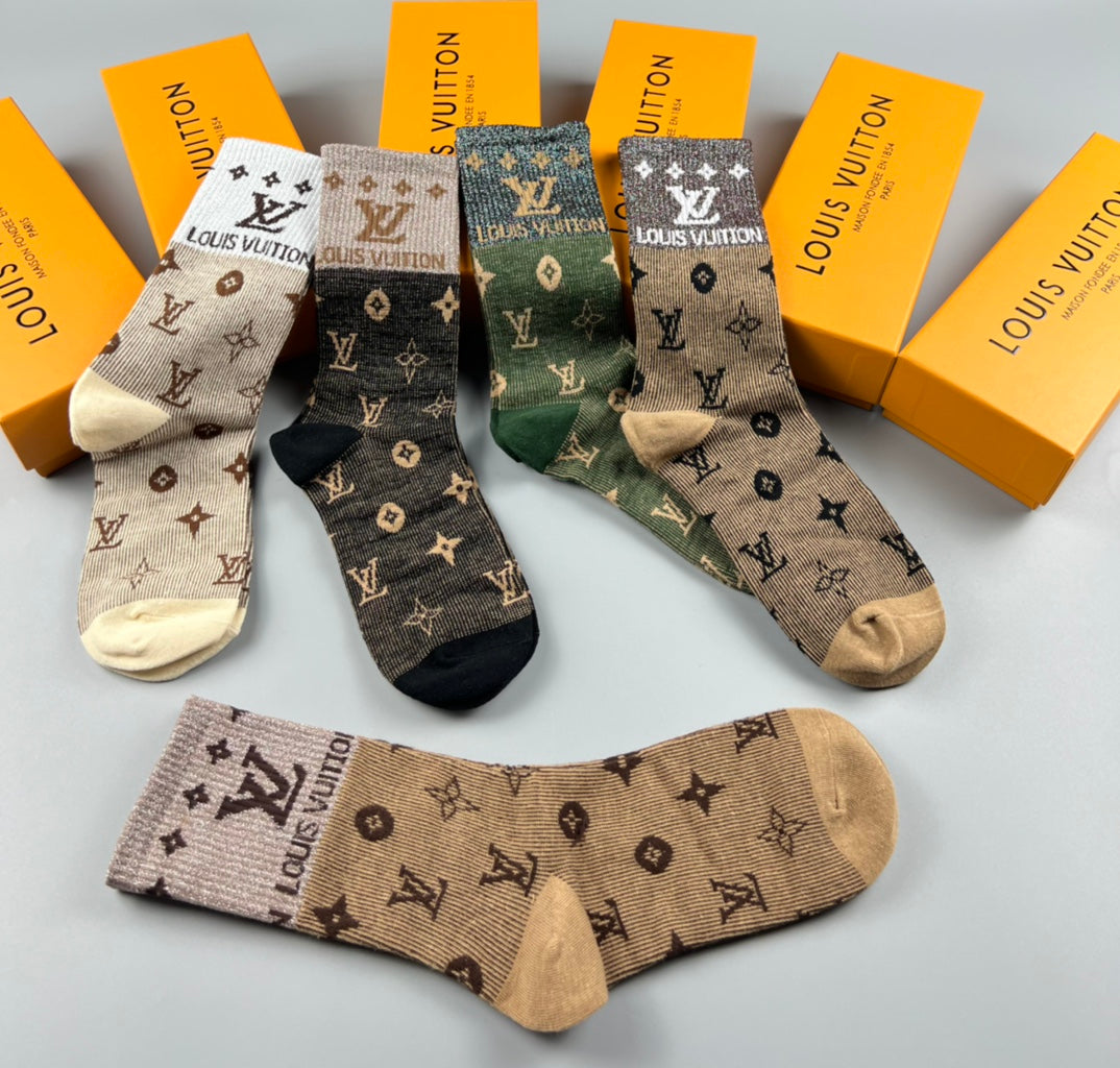 Louis Vuitton Earthy Allover Letter Flower Pattern Crew Socks, image 7