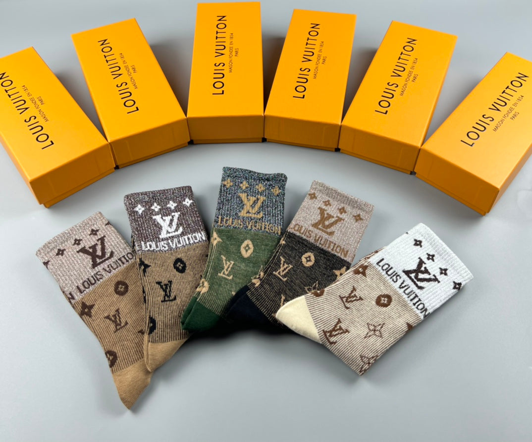 Louis Vuitton Earthy Allover Letter Flower Pattern Crew Socks, image 6