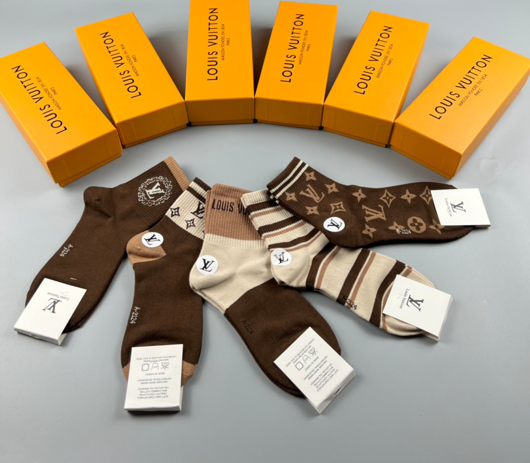 Louis Vuitton Brown Cream Double Stripe Bands Crew Socks, image 3
