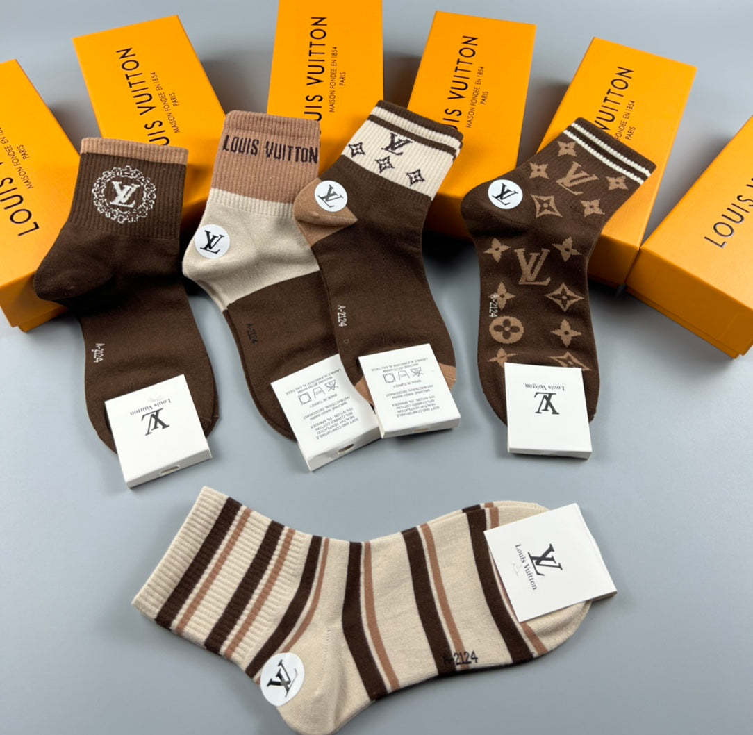 Louis Vuitton Brown Cream Double Stripe Bands Crew Socks, image 6