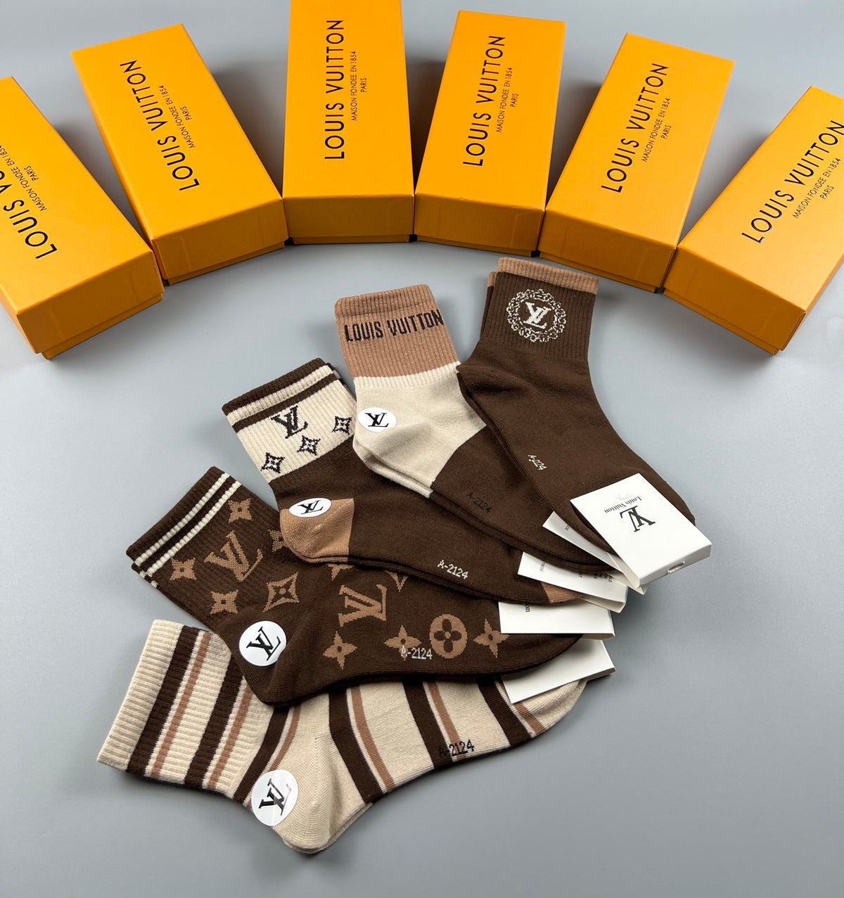 Louis Vuitton Brown Cream Double Stripe Bands Crew Socks, image 8