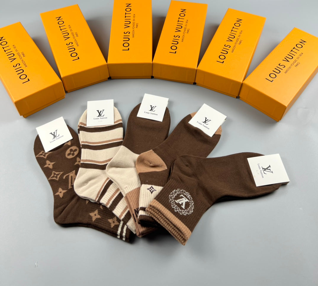 Louis Vuitton Brown Cream Double Stripe Bands Crew Socks, image 2