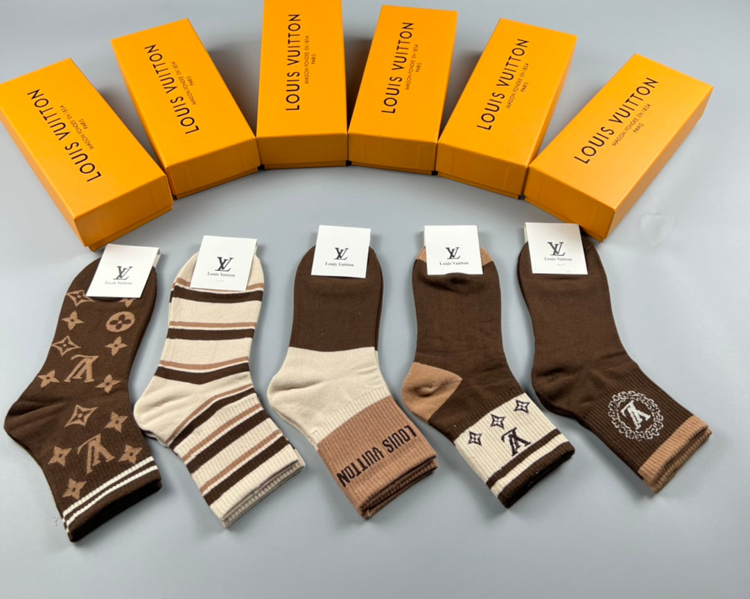Louis Vuitton Brown Cream Double Stripe Bands Crew Socks, image 1