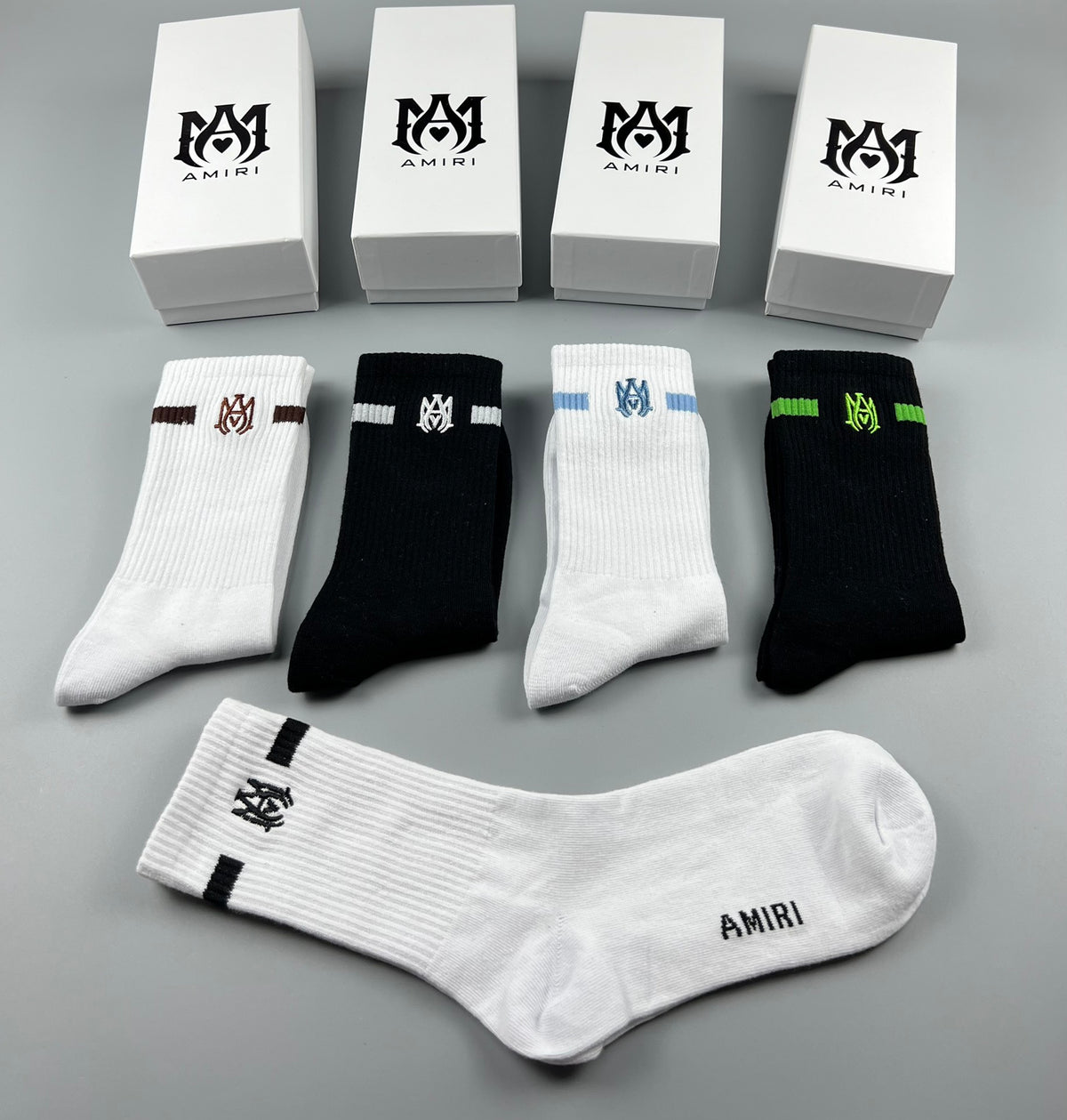 AMIRI Black White Grey Neon Letter Cuffs Crew Socks, image 6