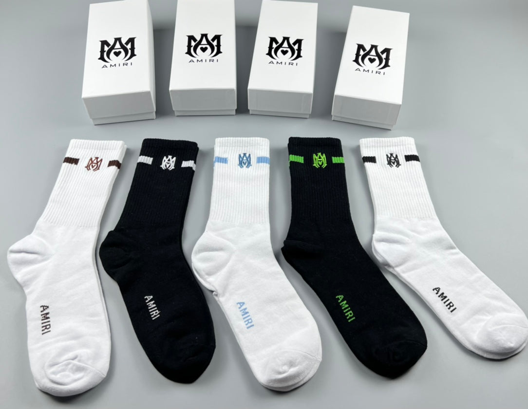 AMIRI Black White Grey Neon Letter Cuffs Crew Socks, image 1