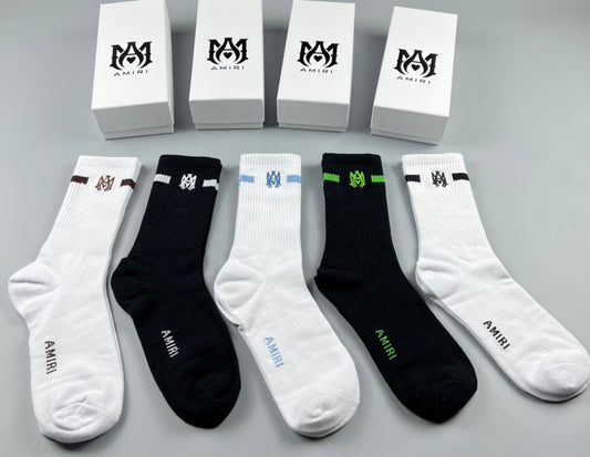 AMIRI Black White Grey Neon Letter Cuffs Crew Socks, image 1