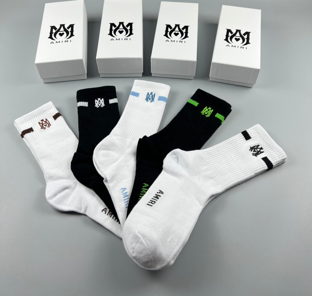AMIRI Black White Grey Neon Letter Cuffs Crew Socks, image 2