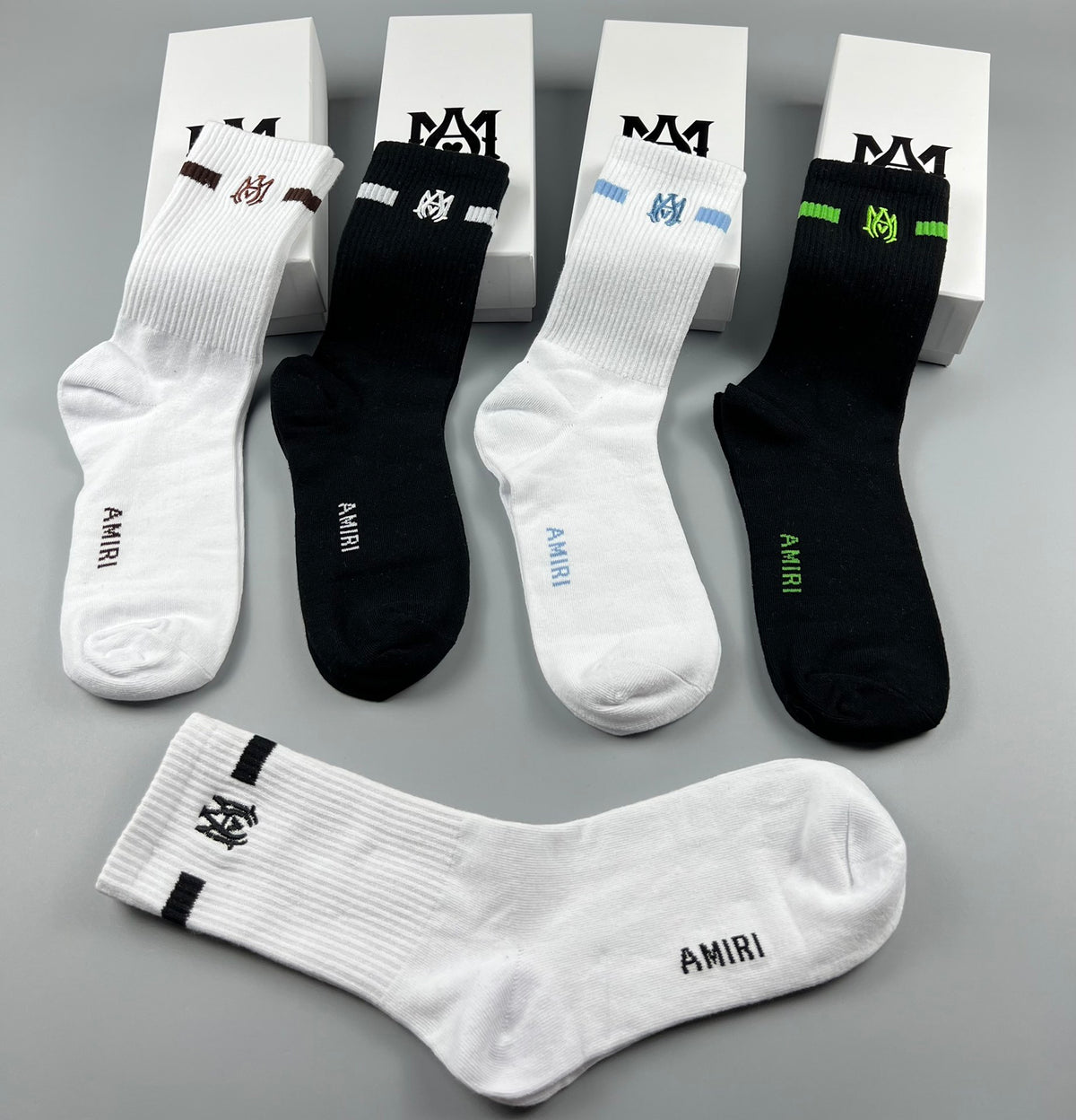 AMIRI Black White Grey Neon Letter Cuffs Crew Socks, image 5