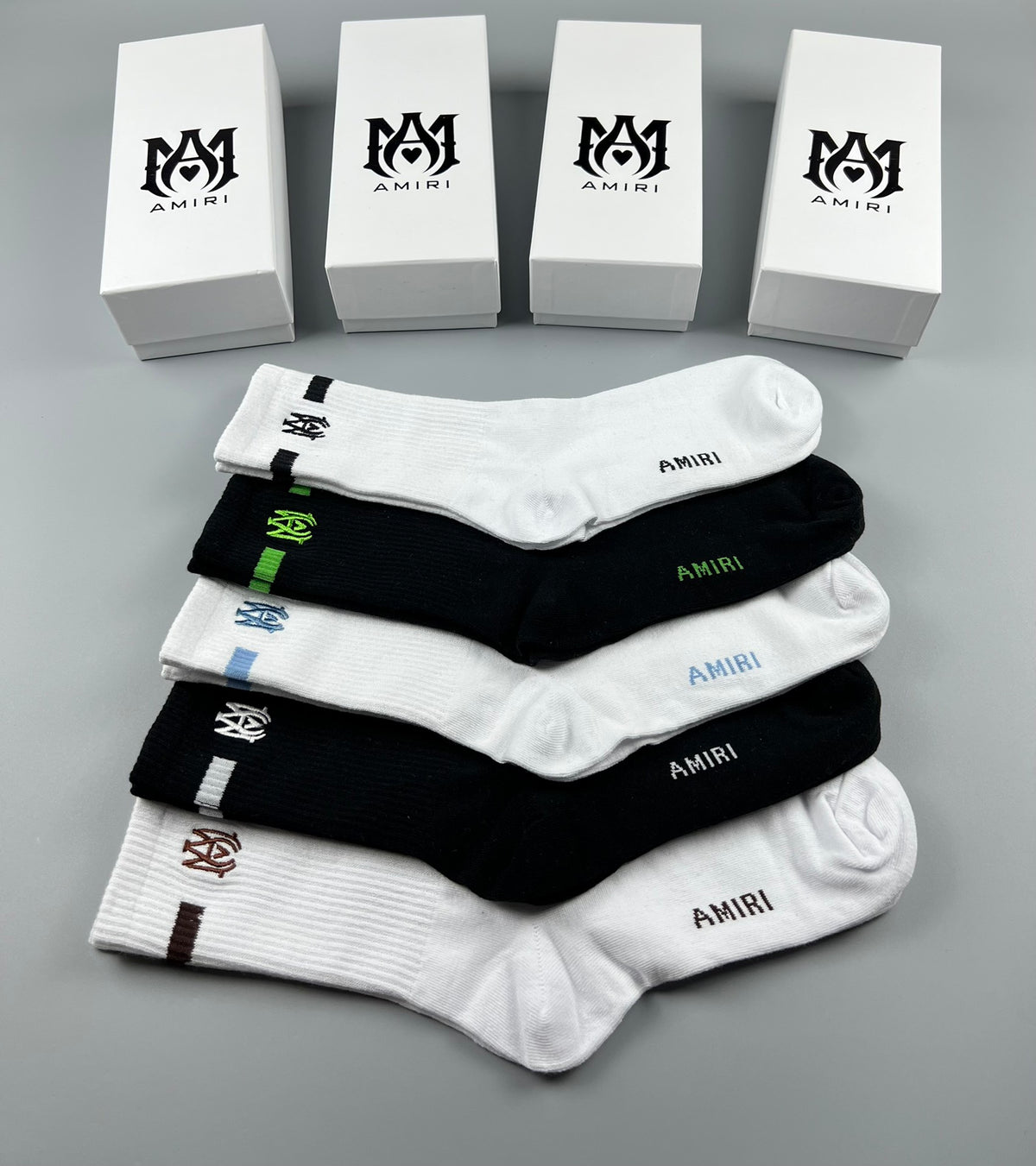 AMIRI Black White Grey Neon Letter Cuffs Crew Socks, image 8
