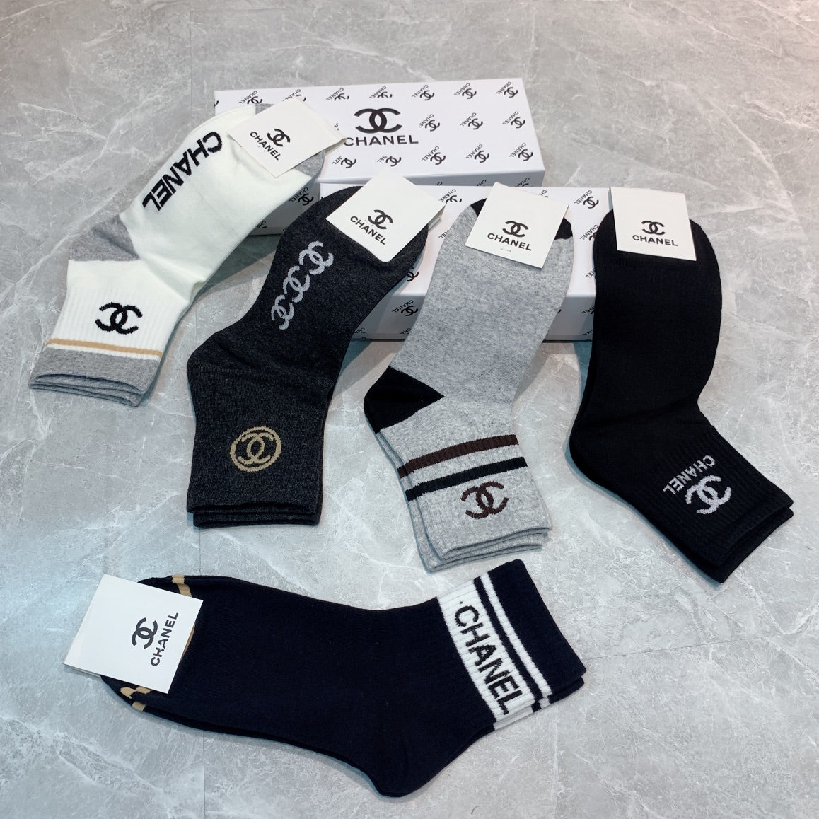 Chanel Black White Grey Broad Letter Cuffs Crew Socks, image 4