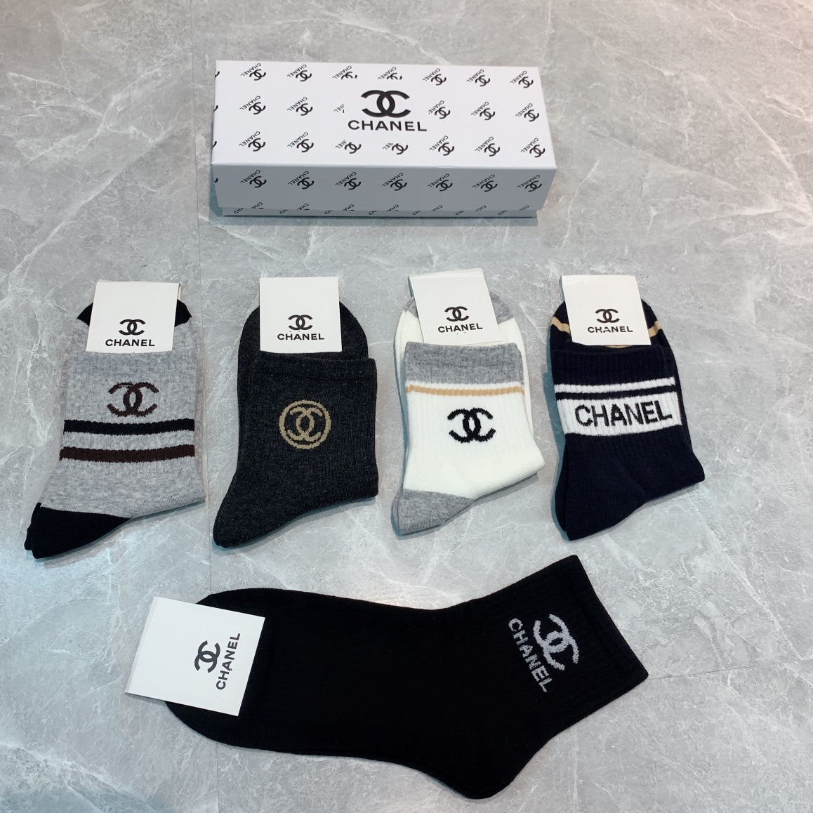 Chanel Black White Grey Broad Letter Cuffs Crew Socks, image 2