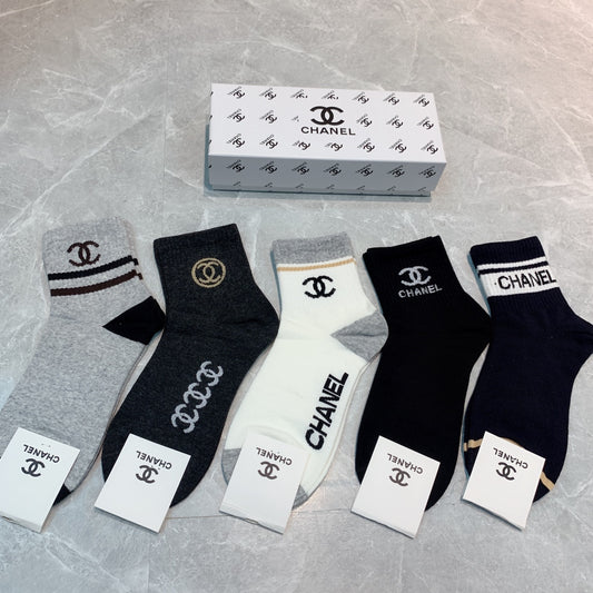 Chanel Black White Grey Broad Letter Cuffs Crew Socks, image 1