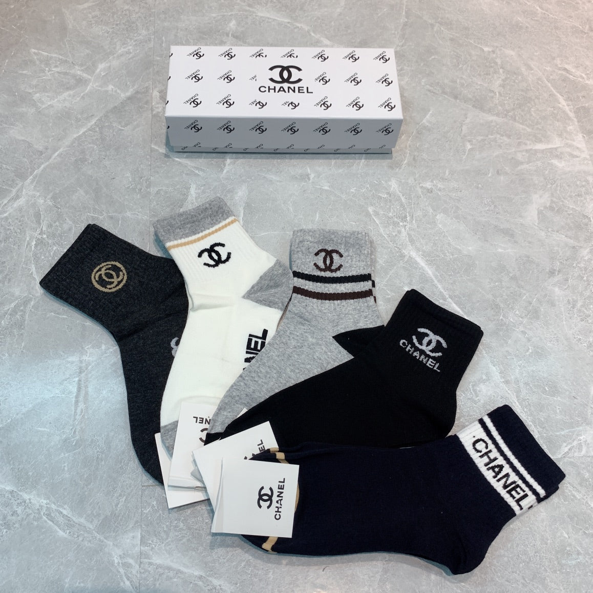 Chanel Black White Grey Broad Letter Cuffs Crew Socks, image 3