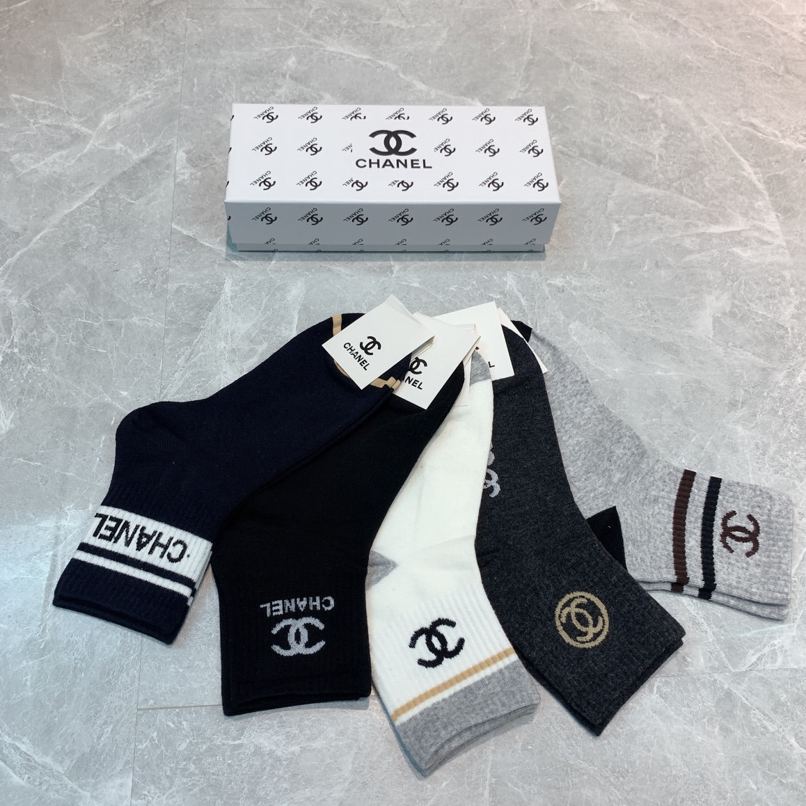 Chanel Black White Grey Broad Letter Cuffs Crew Socks, image 6