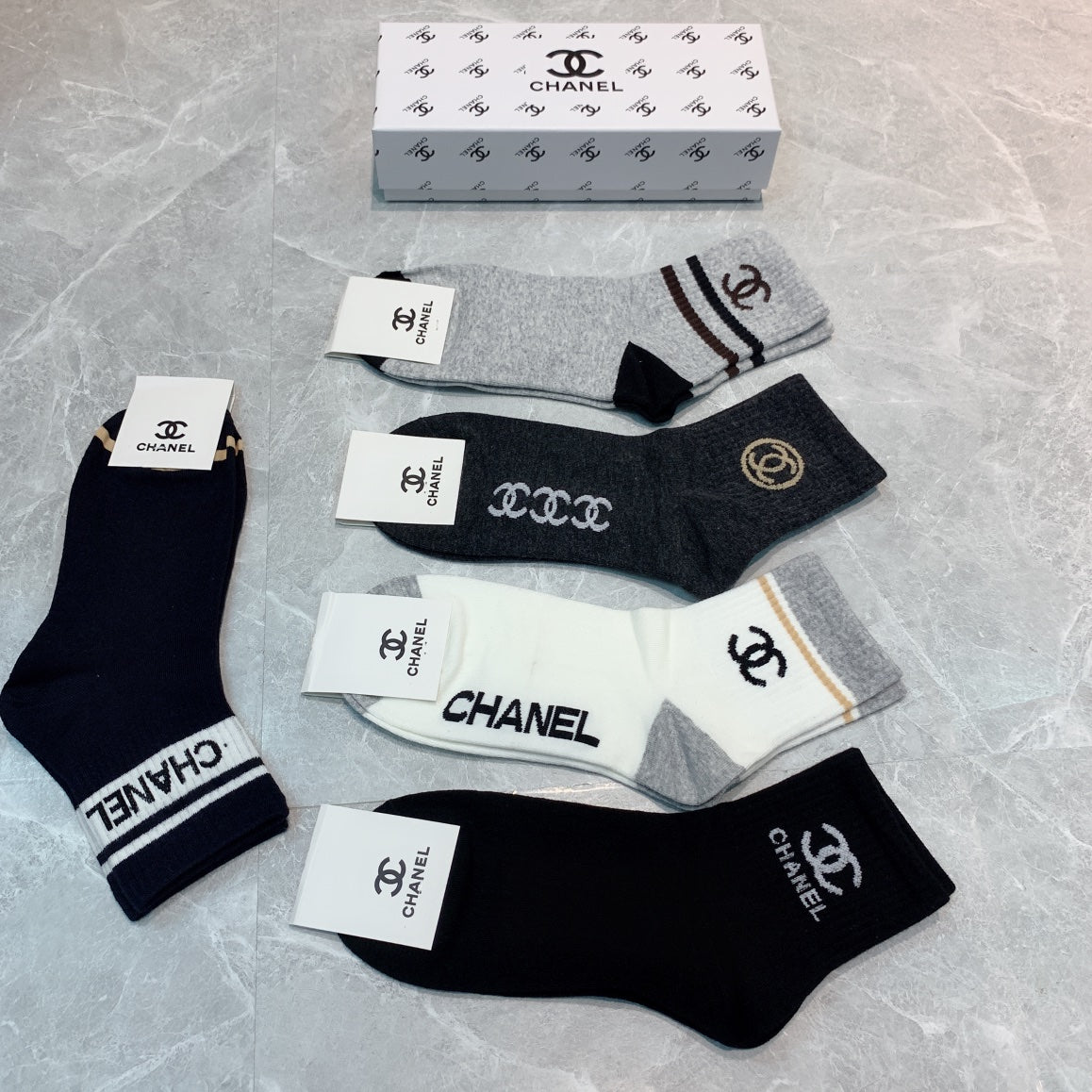 Chanel Black White Grey Broad Letter Cuffs Crew Socks, image 5