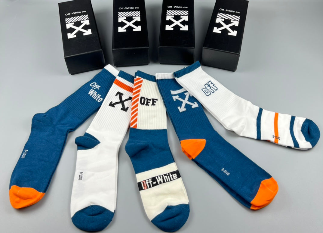 Off-White Blue White Orange Broad Cuff Panels Crew Socks, image 4