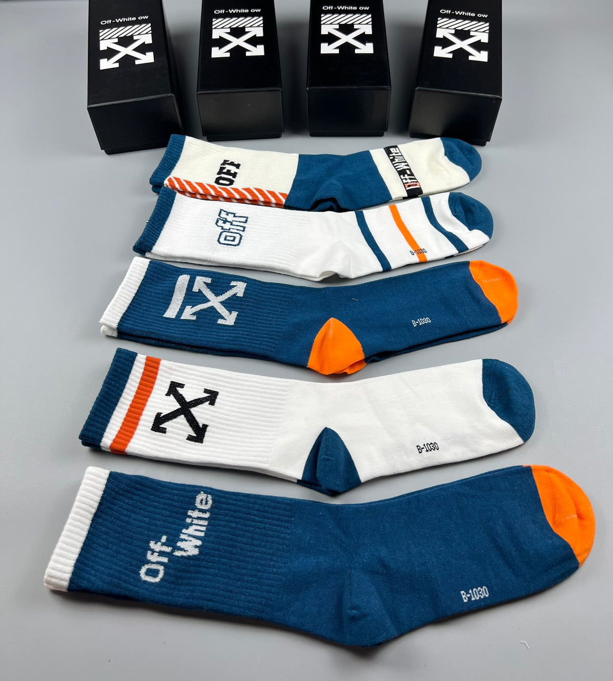 Off-White Blue White Orange Broad Cuff Panels Crew Socks, image 9