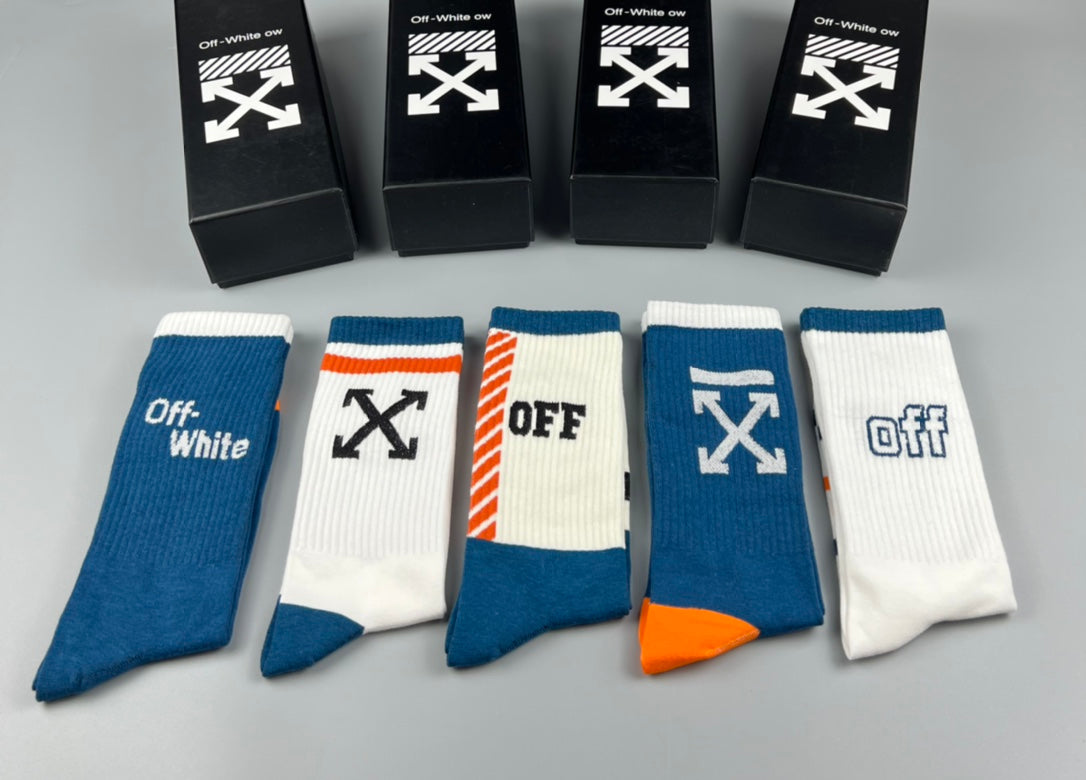 Off-White Blue White Orange Broad Cuff Panels Crew Socks, image 5