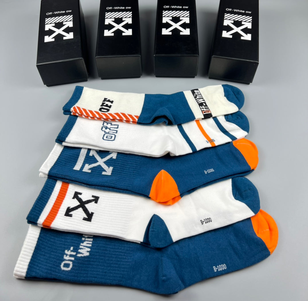 Off-White Blue White Orange Broad Cuff Panels Crew Socks, image 7