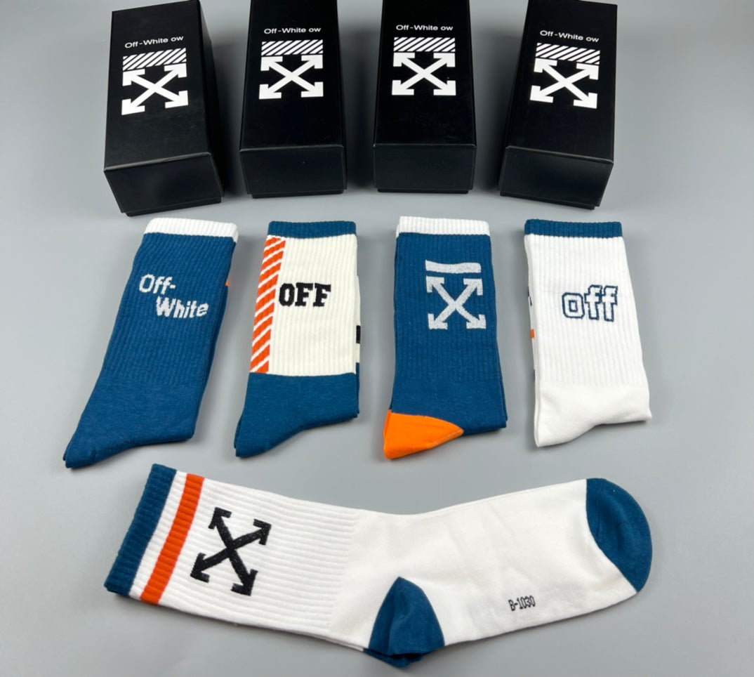 Off-White Blue White Orange Broad Cuff Panels Crew Socks, image 6