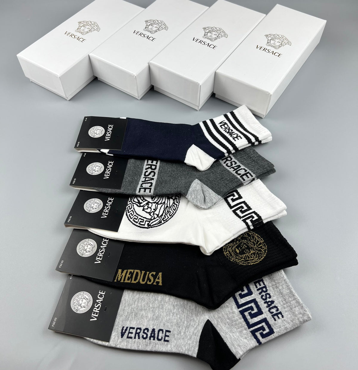 Versace Black White Grey Ornamental Mix Crew Socks, image 8