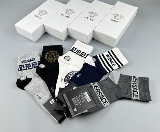 Versace Black White Grey Greek Key Medusa Cuffs Crew Socks, image 1