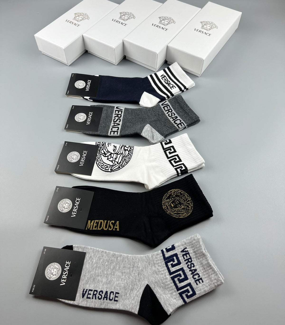 Versace Black White Grey Ornamental Mix Crew Socks, image 9