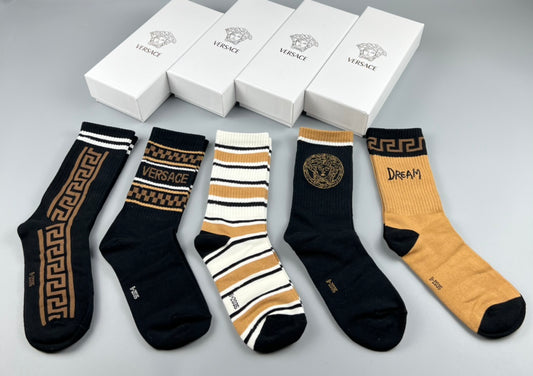Versace Black White Grey Gold Side Bands Crew Socks, image 1
