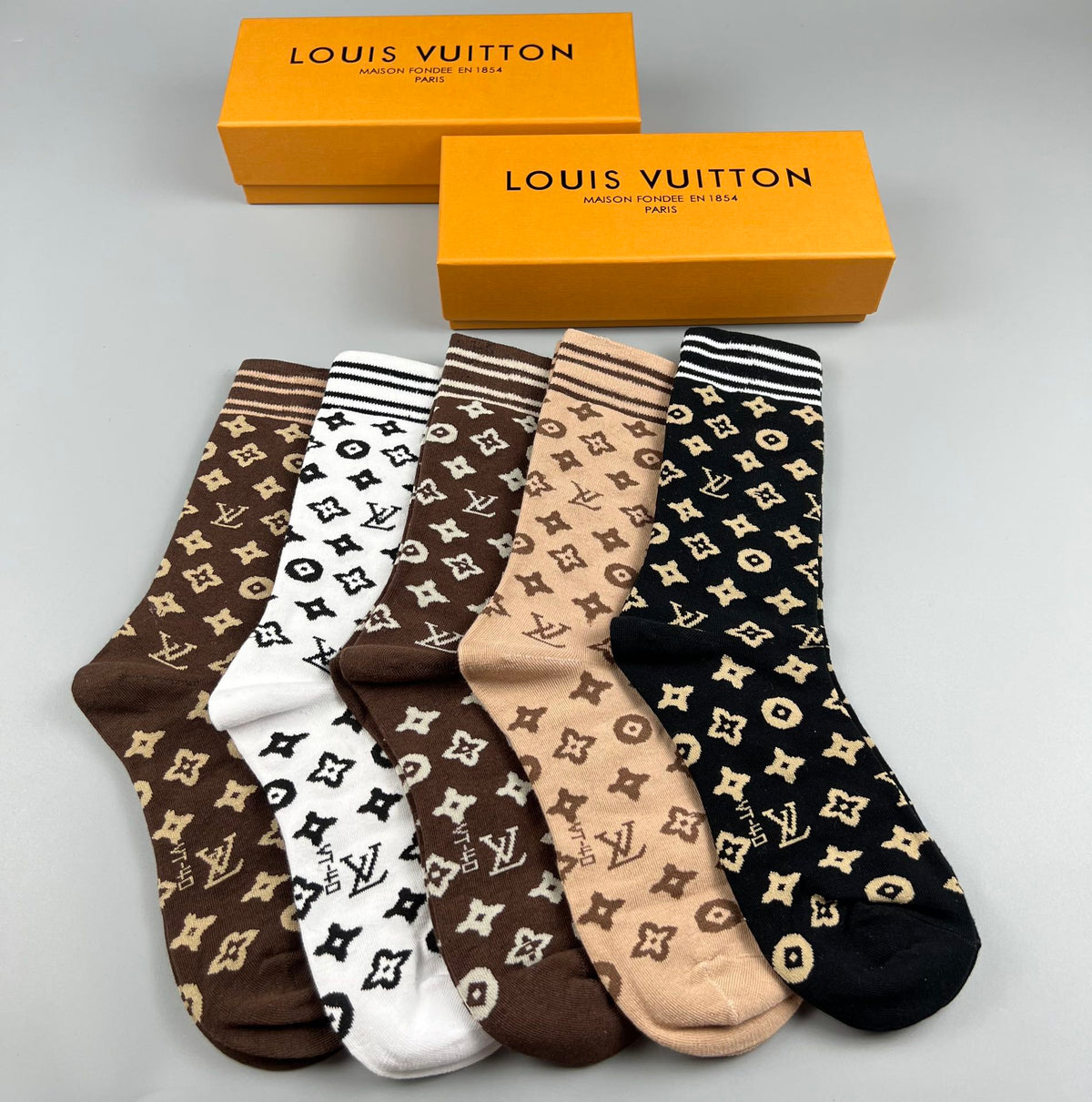 Louis Vuitton Earthy Black White Repeated Flowers Crew Socks, image 8