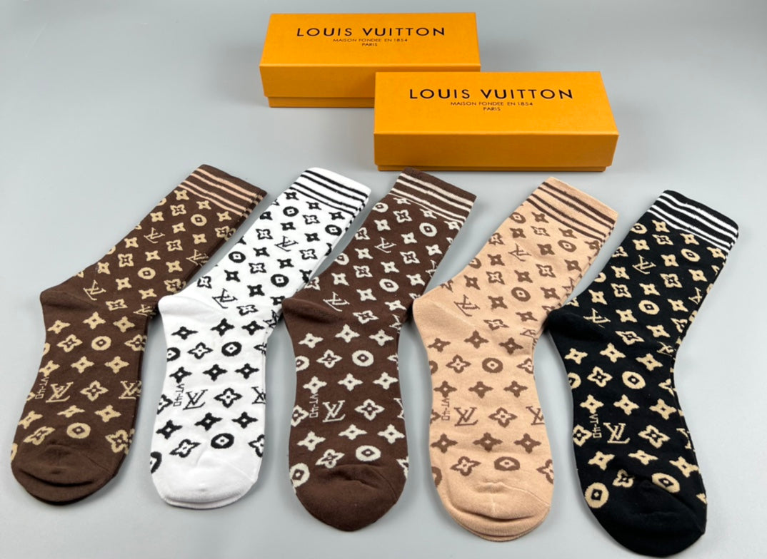 Louis Vuitton Earthy Black White Repeated Flowers Crew Socks, image 4