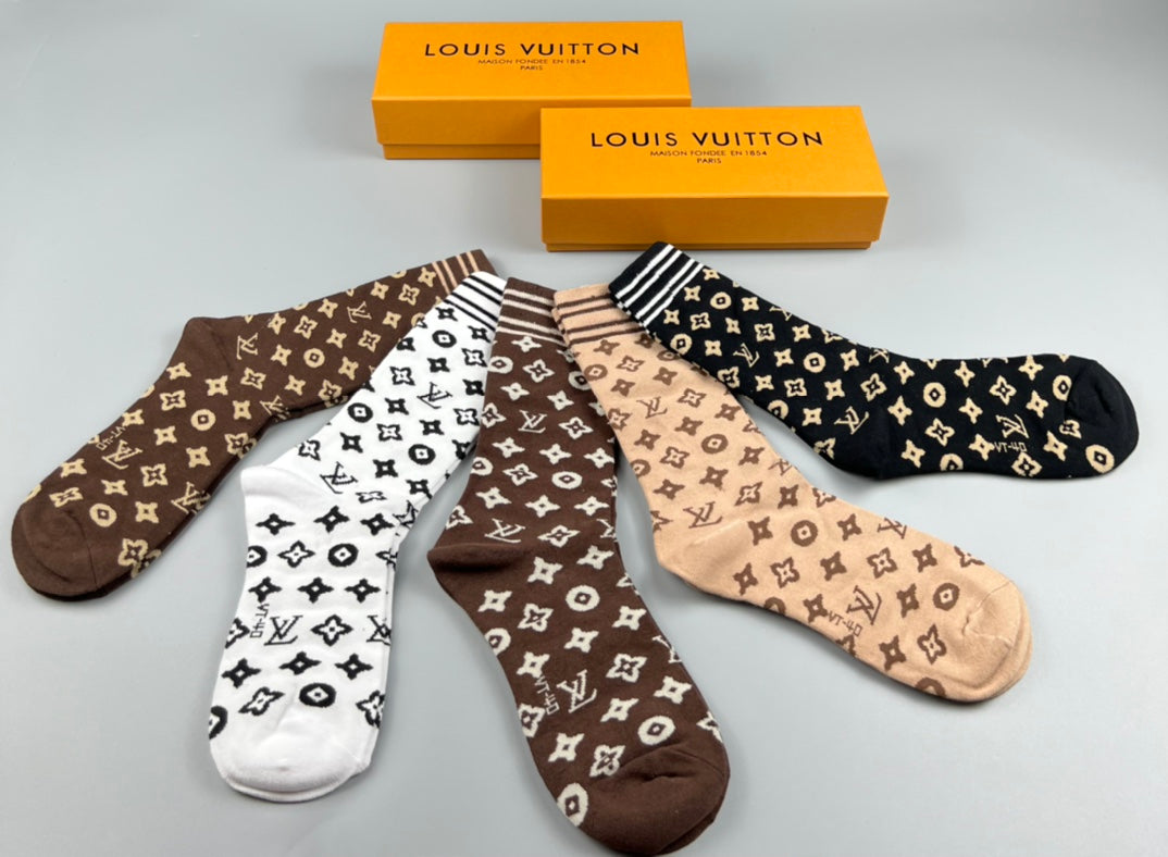 Louis Vuitton Earthy Black White Repeated Flowers Crew Socks, image 2