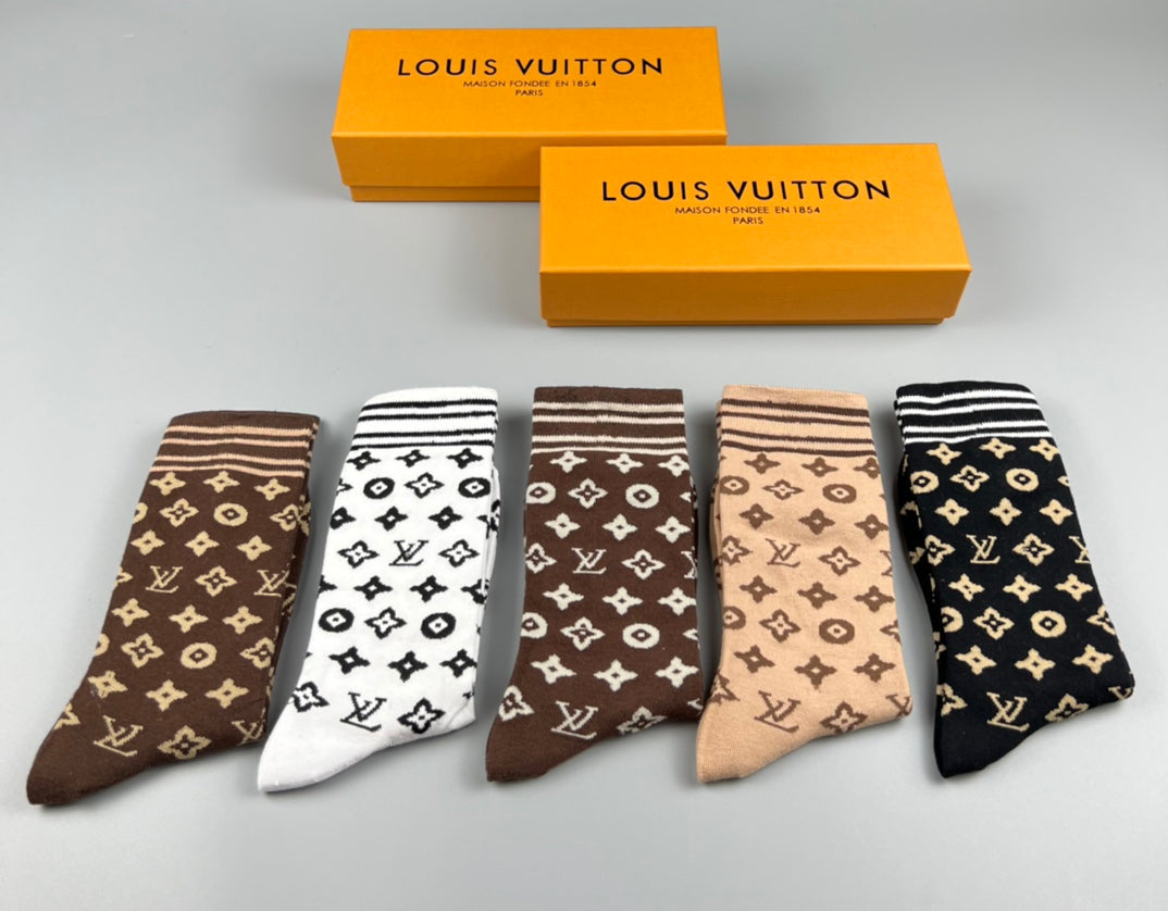 Louis Vuitton Earthy Black White Repeated Flowers Crew Socks, image 5