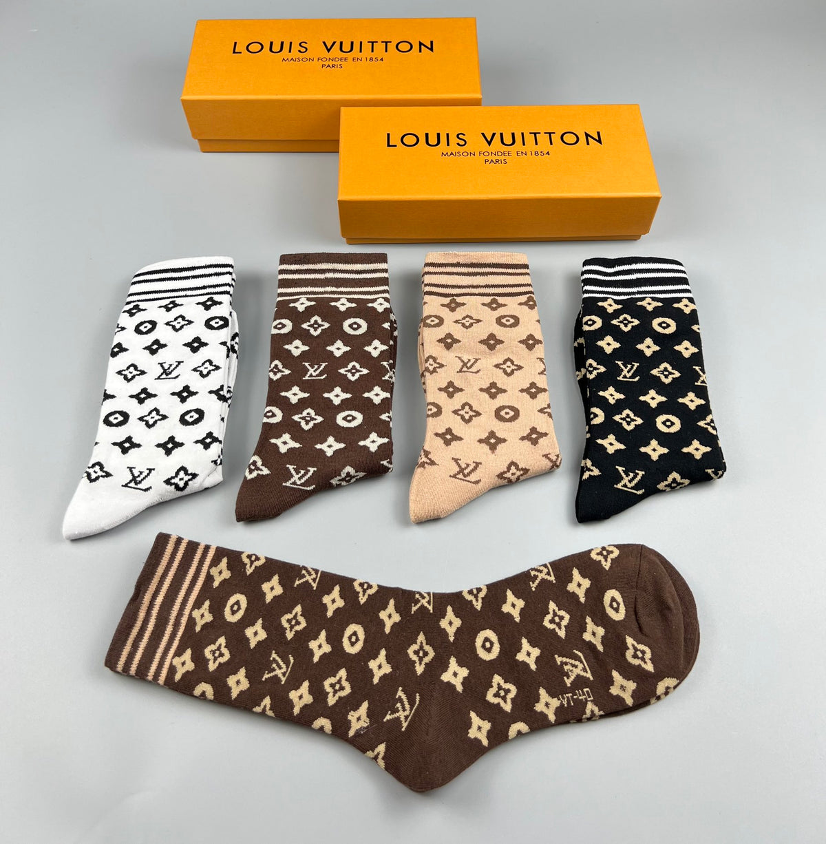 Louis Vuitton Earthy Black White Repeated Flowers Crew Socks, image 6