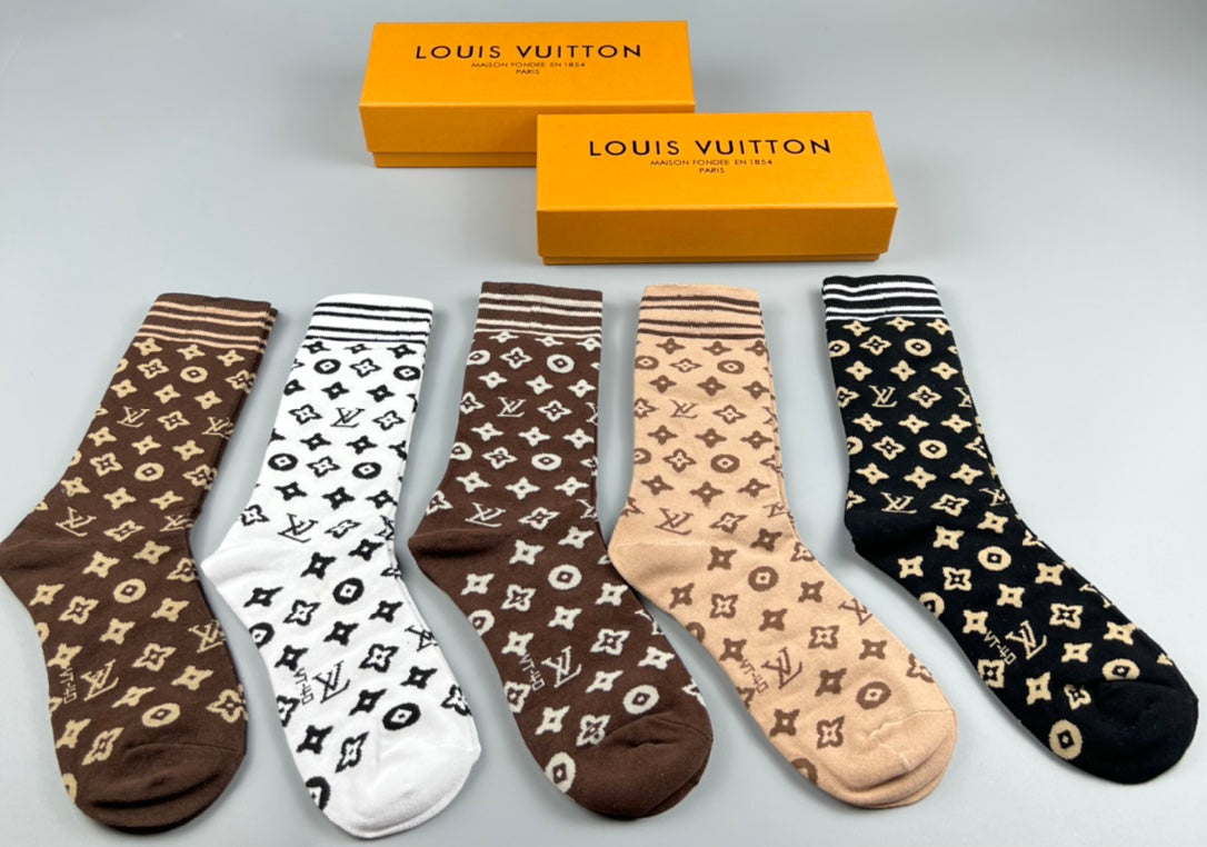 Louis Vuitton Earthy Black White Repeated Flowers Crew Socks, image 1