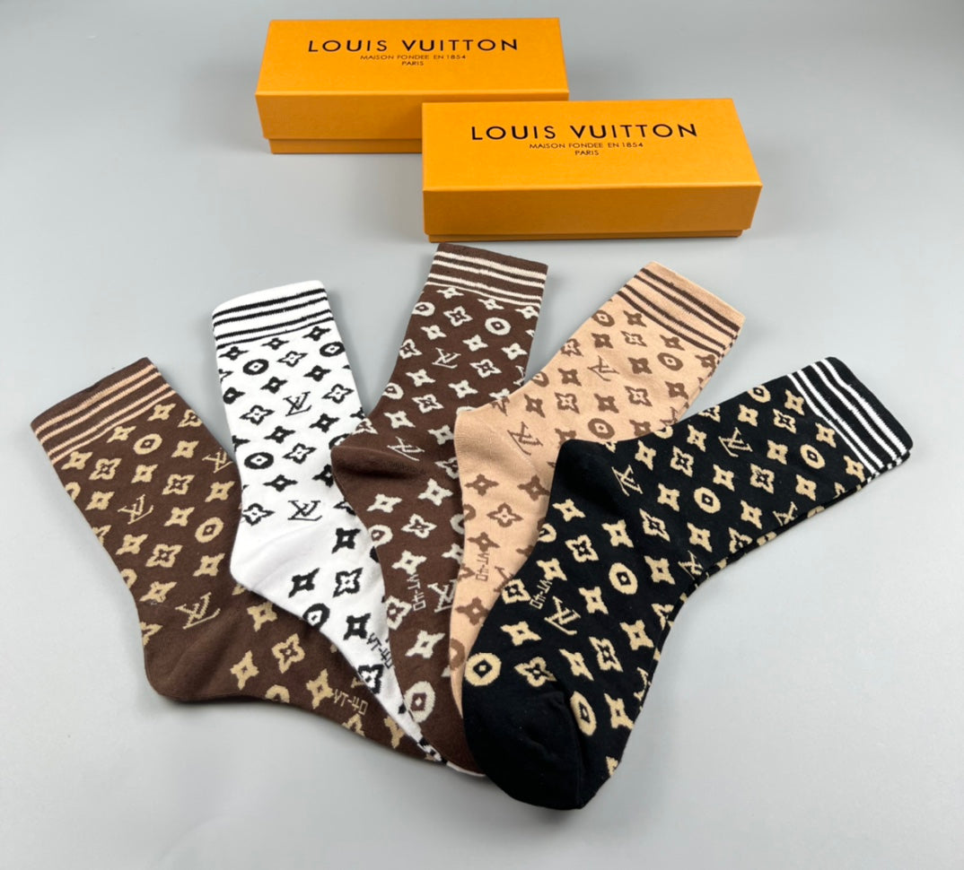 Louis Vuitton Earthy Black White Repeated Flowers Crew Socks, image 3