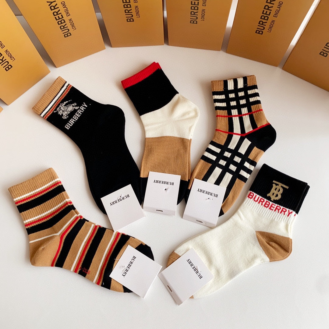 Burberry Earthy Black White Check Cuff Mix Crew Socks, image 2