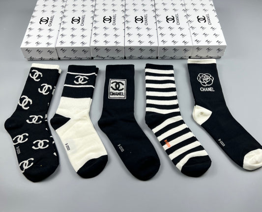 Chanel Black White Mixed Emblem Stripe Panels Crew Socks, image 1