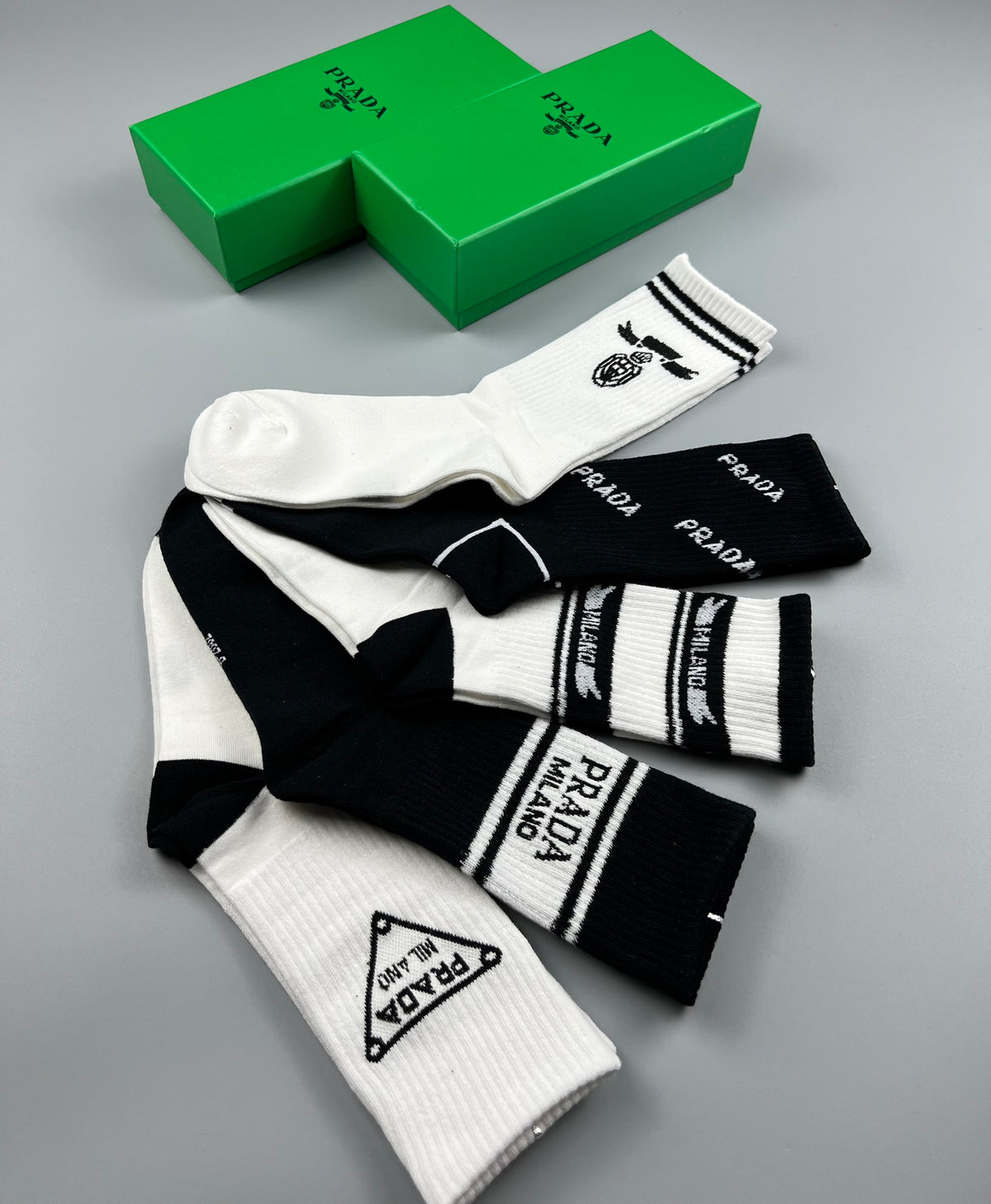 Prada Black White Small Triangle Cuffs Crew Socks, image 6