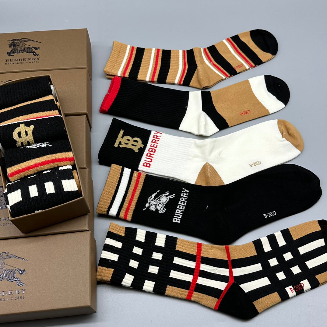Burberry Black White Multicolour Check Stripes Crew Socks, image 2