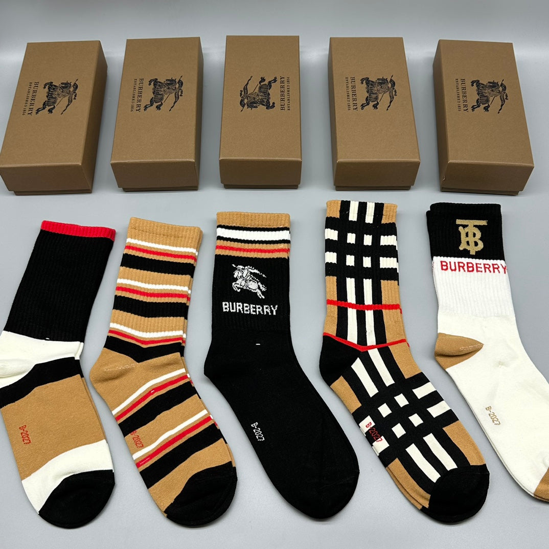 Burberry Black White Multicolour Check Stripes Crew Socks, image 5
