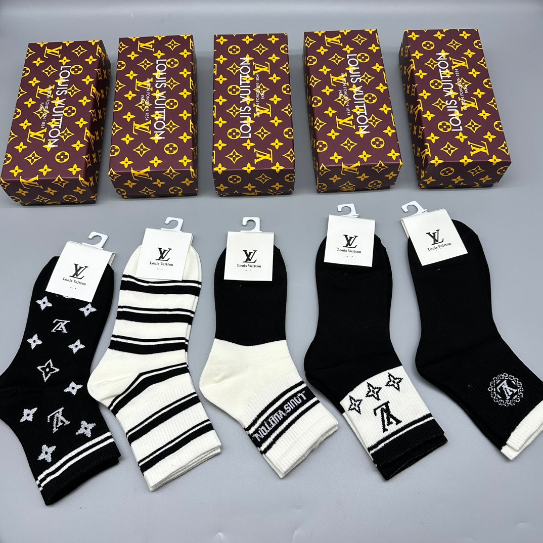 Louis Vuitton Brown Pattern Black White Letter Mix Crew Socks, image 6