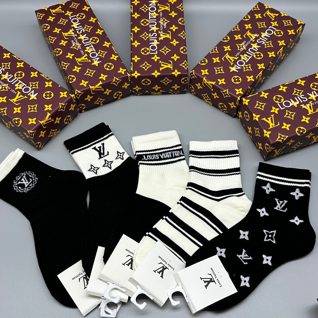 Louis Vuitton Brown Pattern Black White Letter Mix Crew Socks, image 1