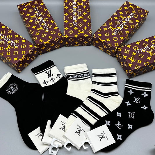 Louis Vuitton Brown Pattern Black White Letter Mix Crew Socks, image 1
